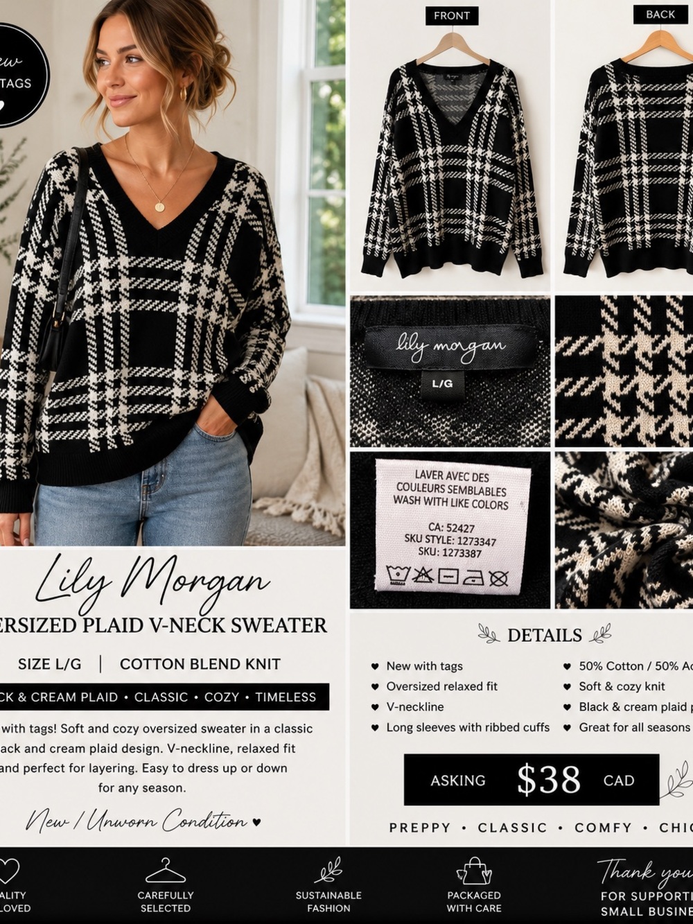 Lily Morgan Black & Cream Plaid V-Neck Sweater